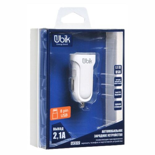 Автомобильное зарядное устройство с портом 2А USBx1 с кабелем Lighting Белый